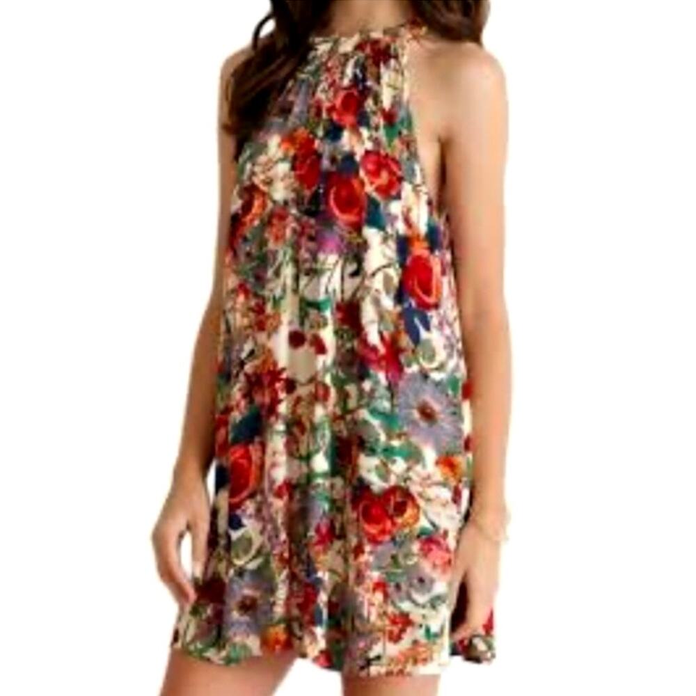 Red Floral Halter Mini Dress L Boho Chic Festival Cocktail Party Wedding Guest